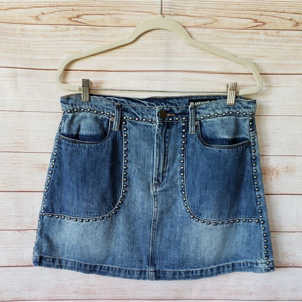 Blank NYC 100% Cotton Studded Denim A-Line Mini Skirt